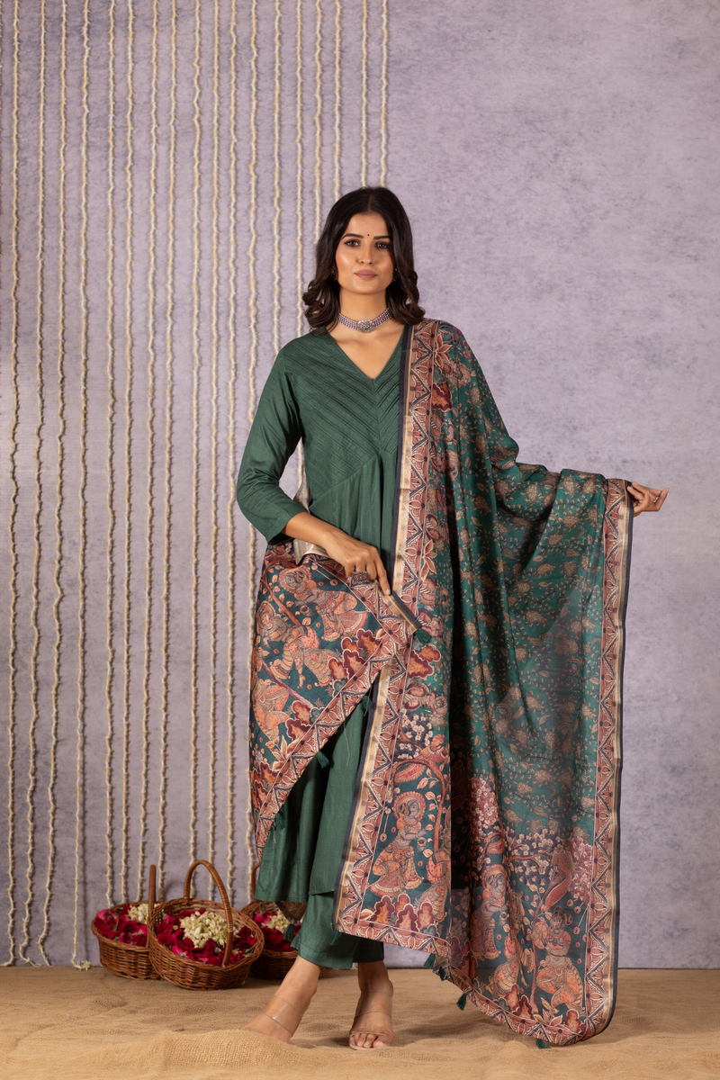 Paravi Dark Green Dupatta-Dupatta-Ekana Label