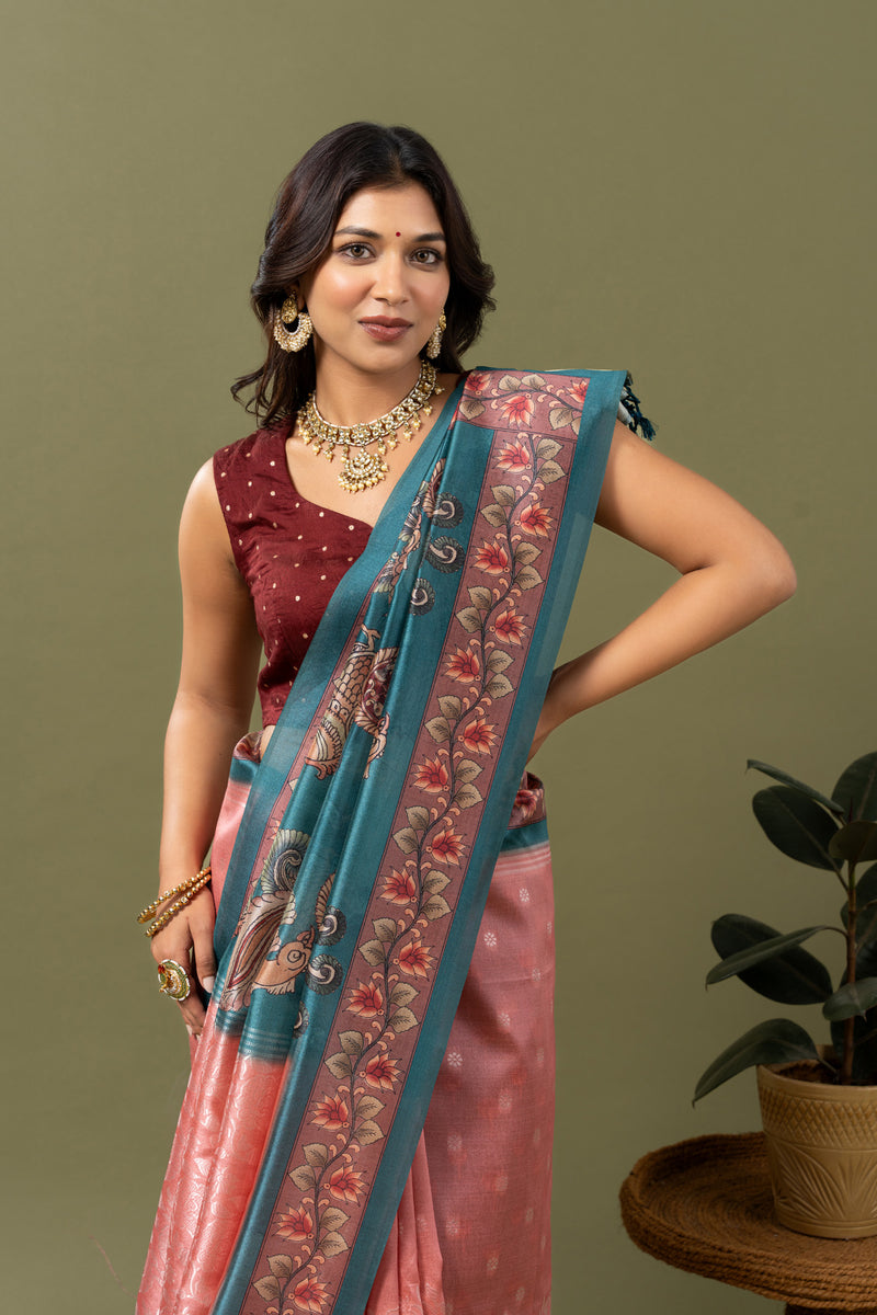 Shubha Peacock Kalamkari Saree-Saree-Ekana Label