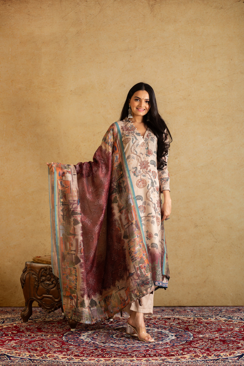 Aanishka V-Neck Kalamkari Beauty Suit Set-Suit Set-Ekana Label