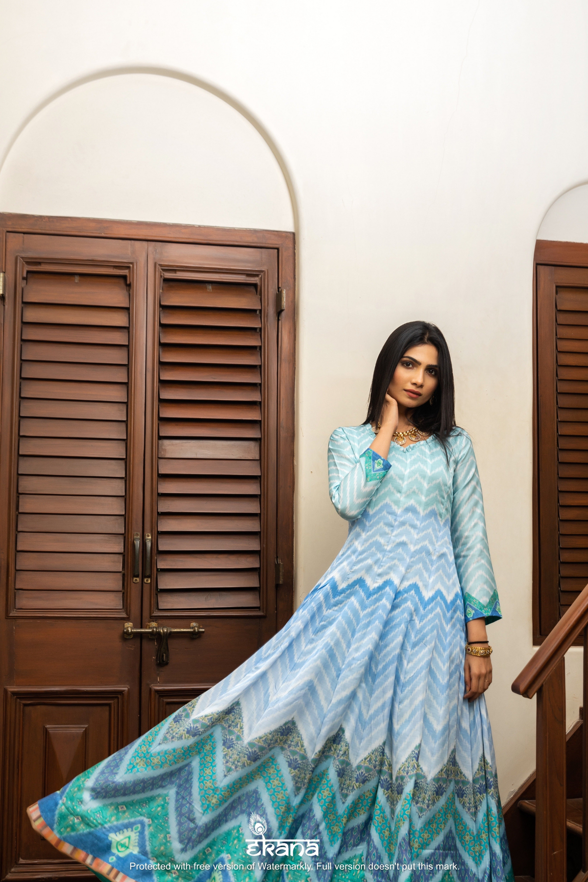 Blue Skies Lehariya Gown-Gown-Ekana Label