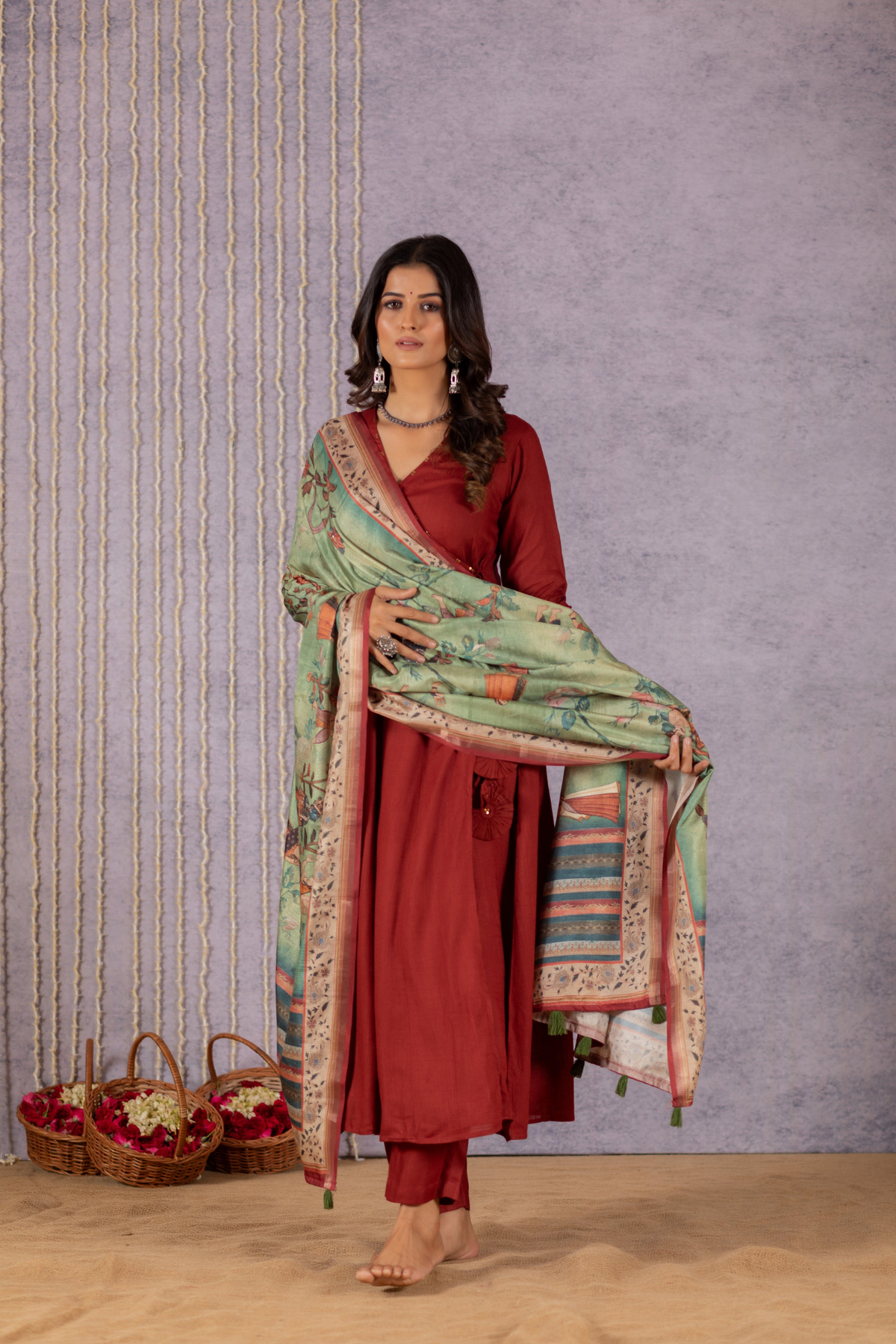 Sachi Maroon Angrakha Magic Suit Set-Suit Set-Ekana Label