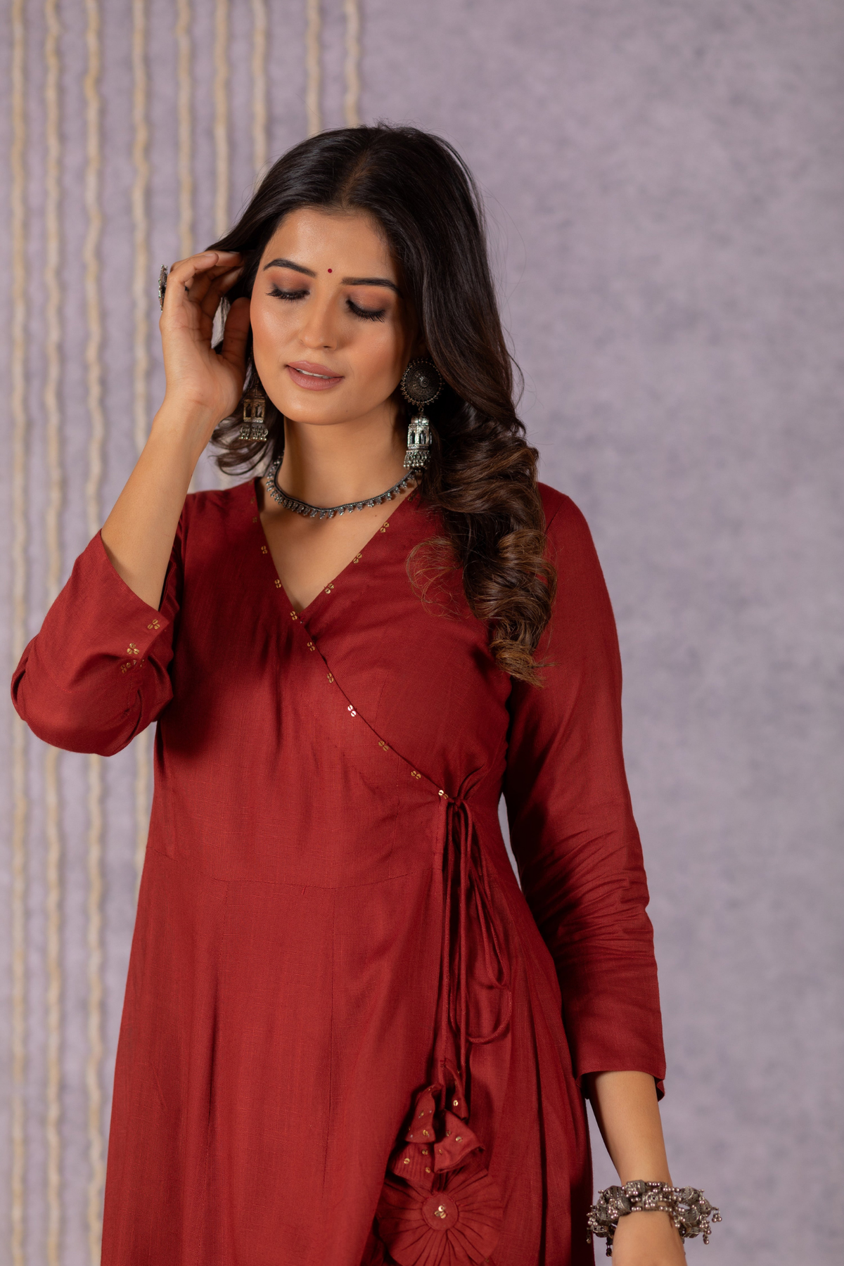 Sana Maroon Floral Angrakha Elegance Suit Set-Suit Set-Ekana Label