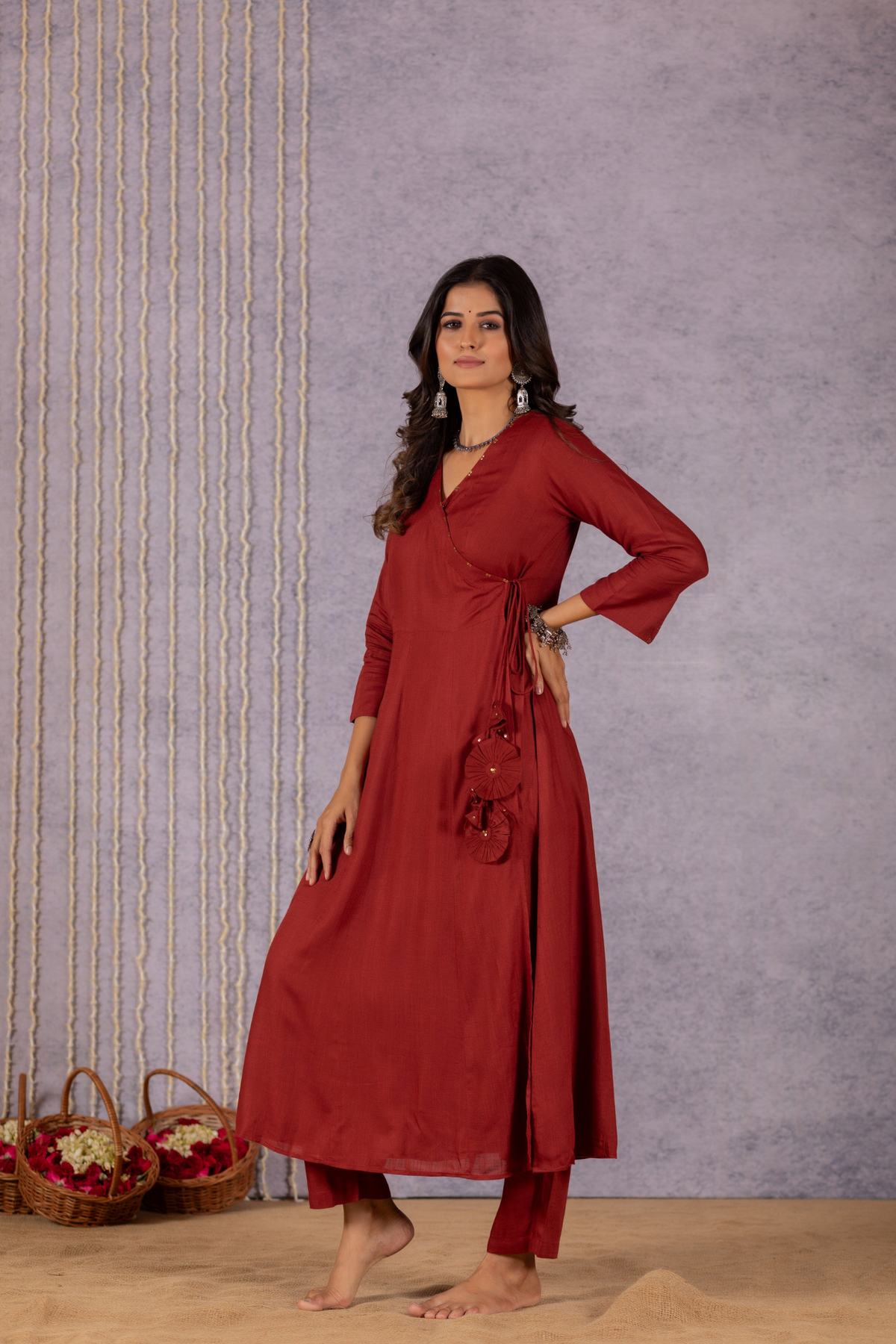 Sana Maroon Floral Angrakha Elegance Suit Set-Suit Set-Ekana Label