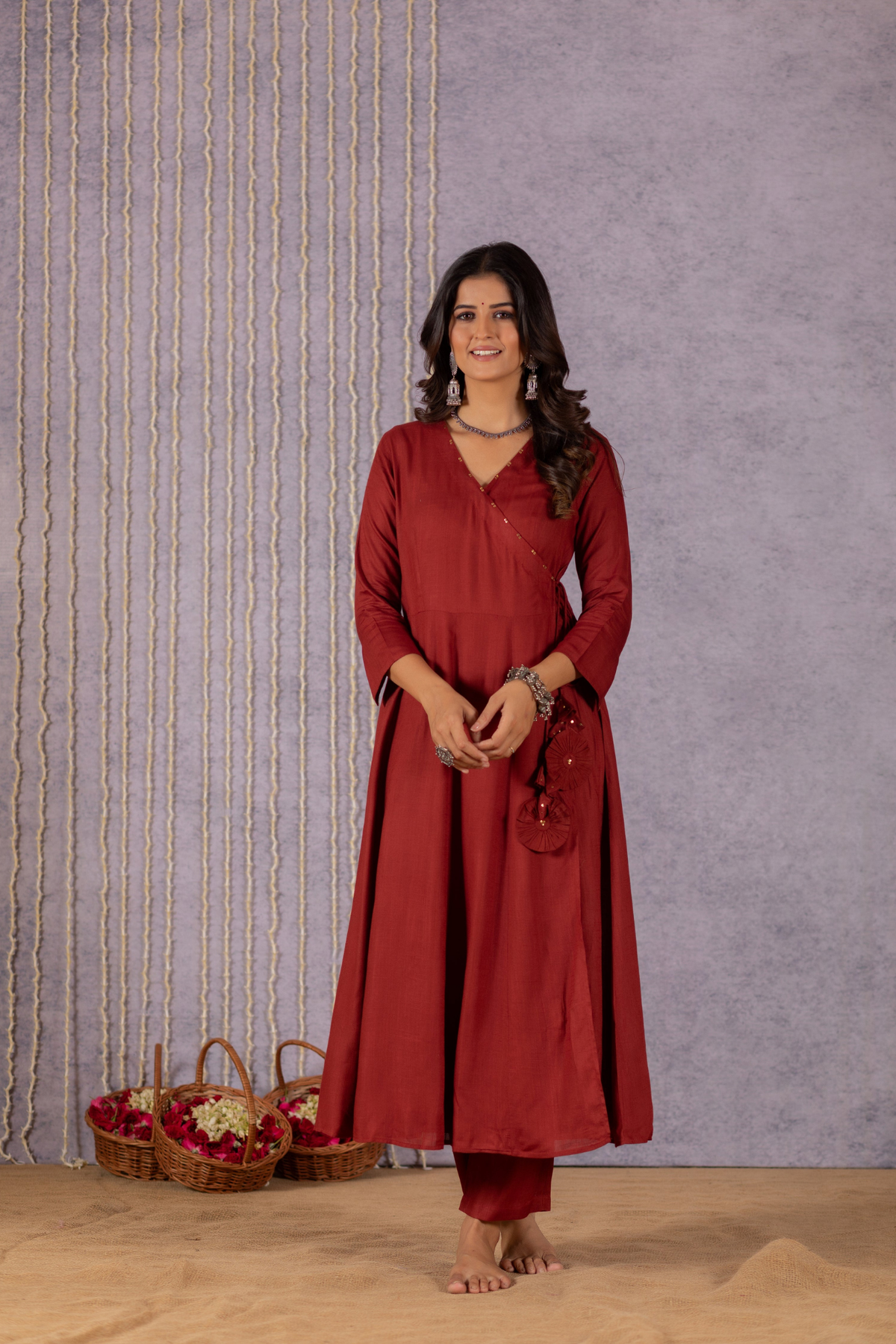 Sana Maroon Floral Angrakha Elegance Suit Set-Suit Set-Ekana Label