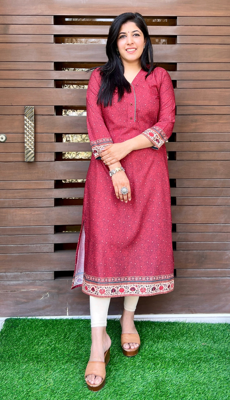 Maharani Maroon Kalamkari Kurta With Dupatta-Kurta with dupatta-Ekana Label