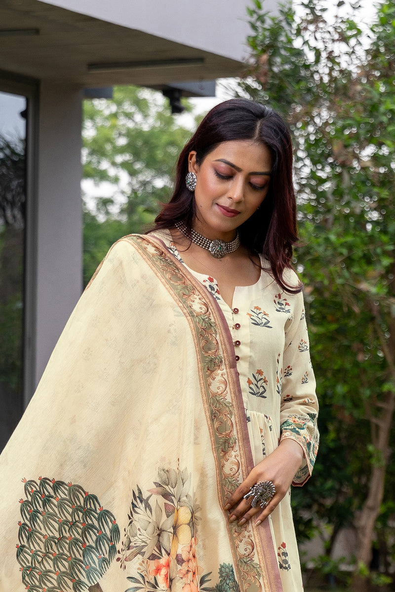 Off-White Floral Dupatta-Dupatta-Ekana Label