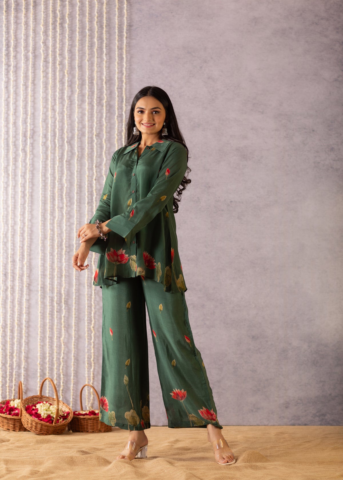 Rosalina Pichwai Greens Shirt and Pant Duo-Western-Ekana Label