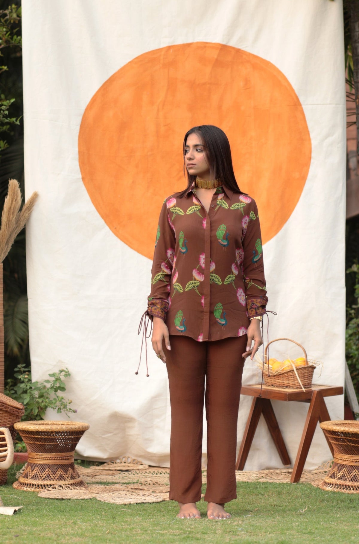 Chocolate Brown Peacock Shirt Co-ord Set-Western-Ekana Label