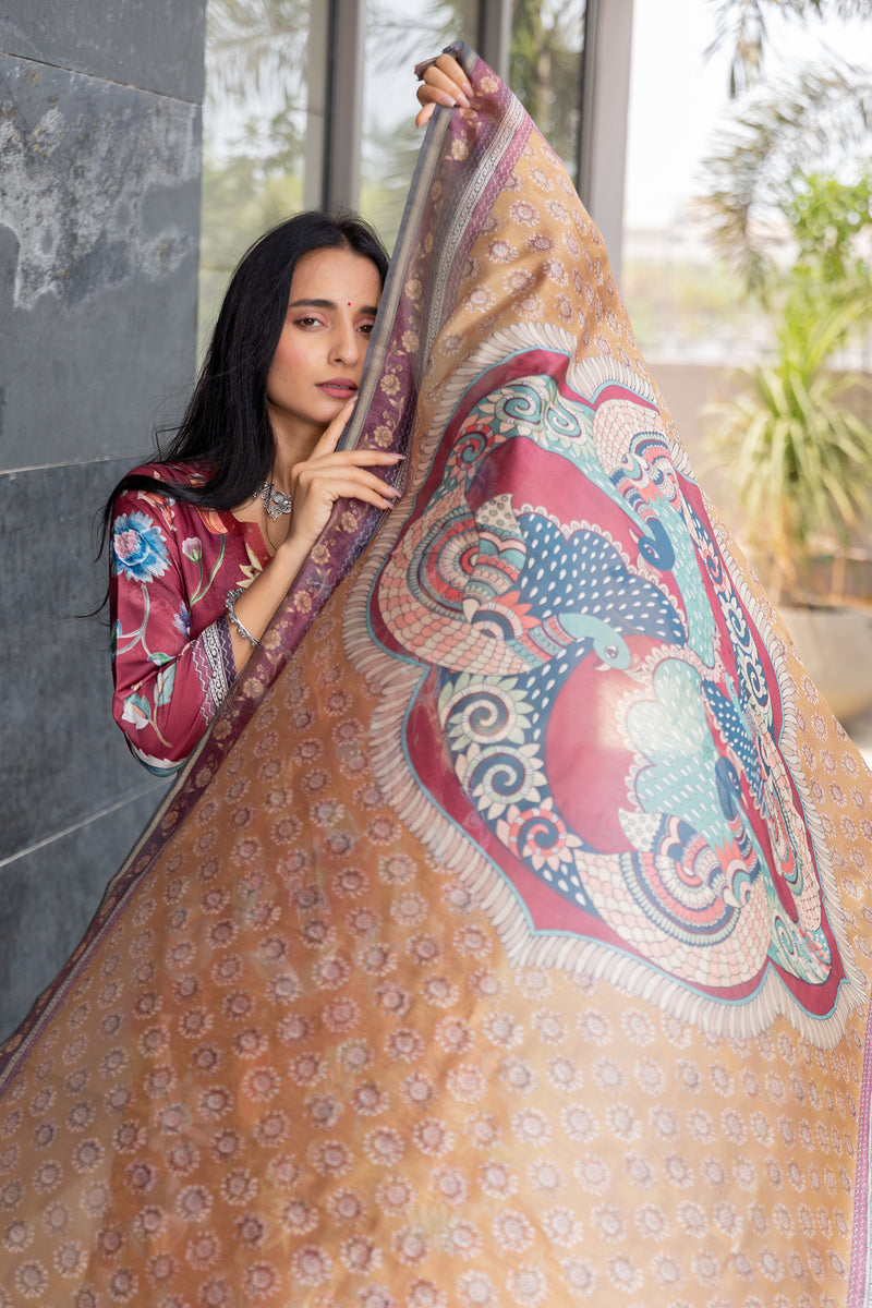 Basanti Kalamkari Dupatta-Dupatta-Ekana Label