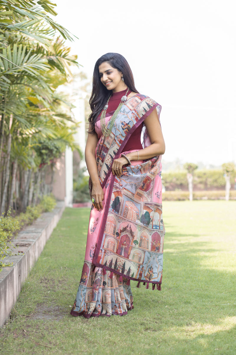 Prem Pichwai Block Print Pink Saree-Saree-Ekana Label