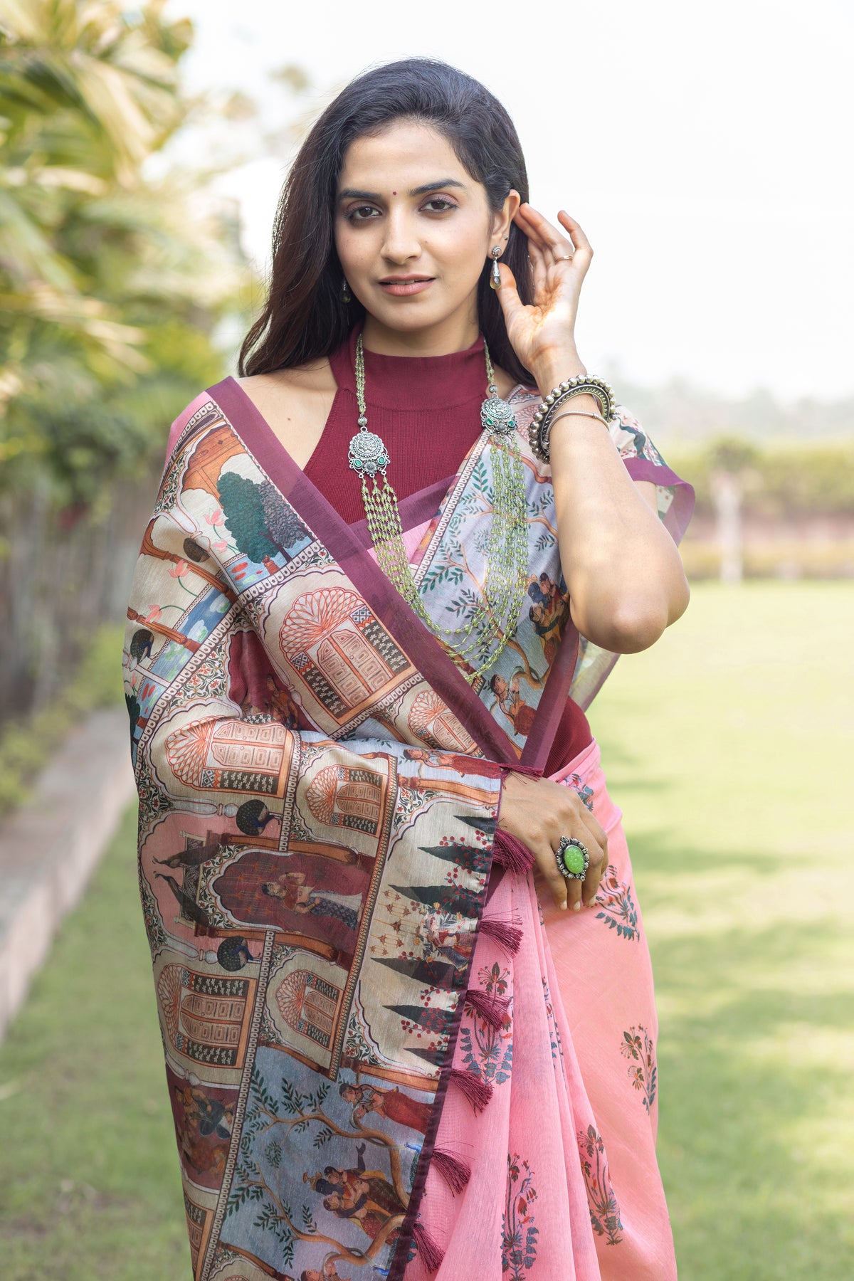 Prem Pichwai Block Print Pink Saree-Saree-Ekana Label