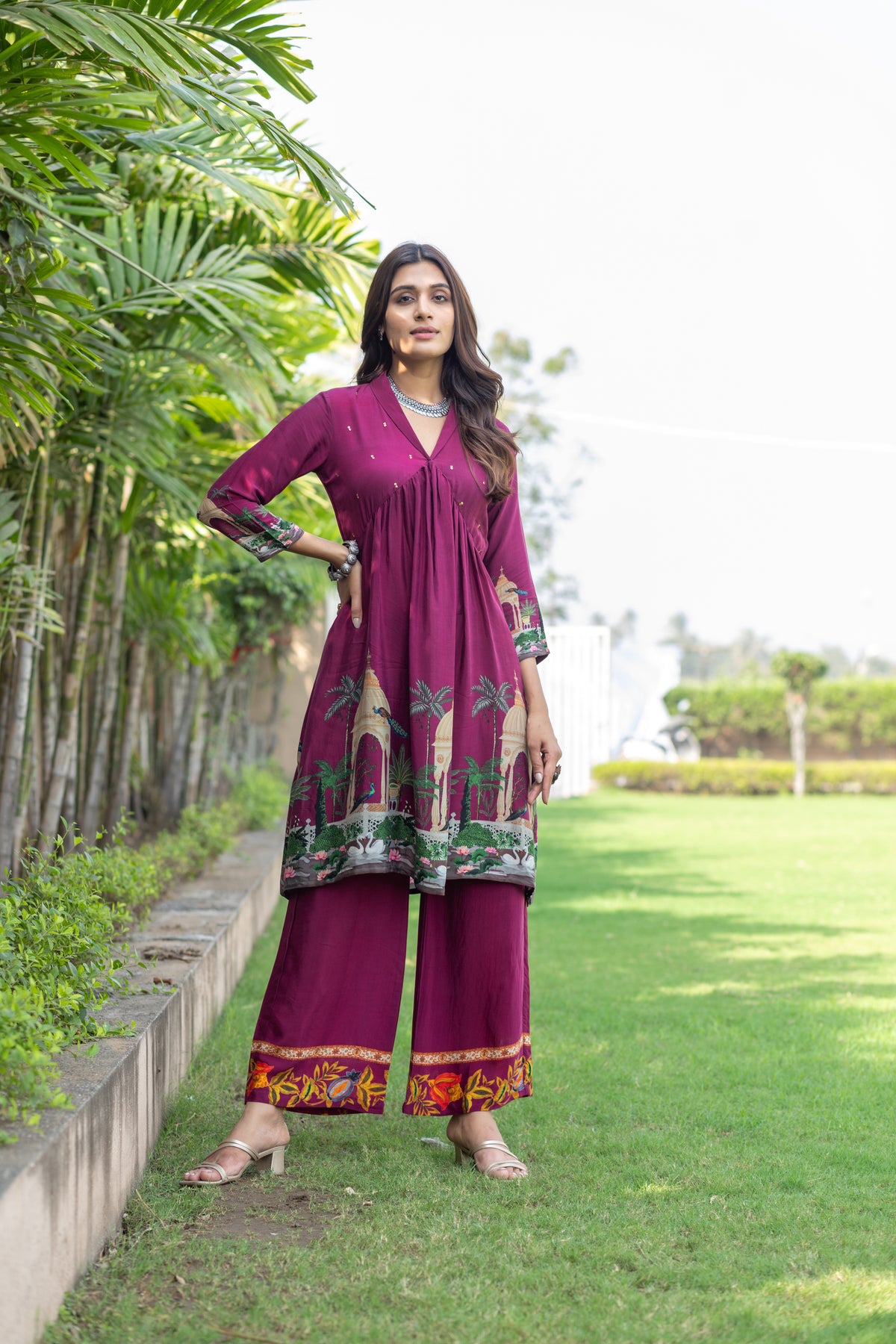 Deep Pink Bloom Handworked V-Neck Co-ord Set-Western-Ekana Label