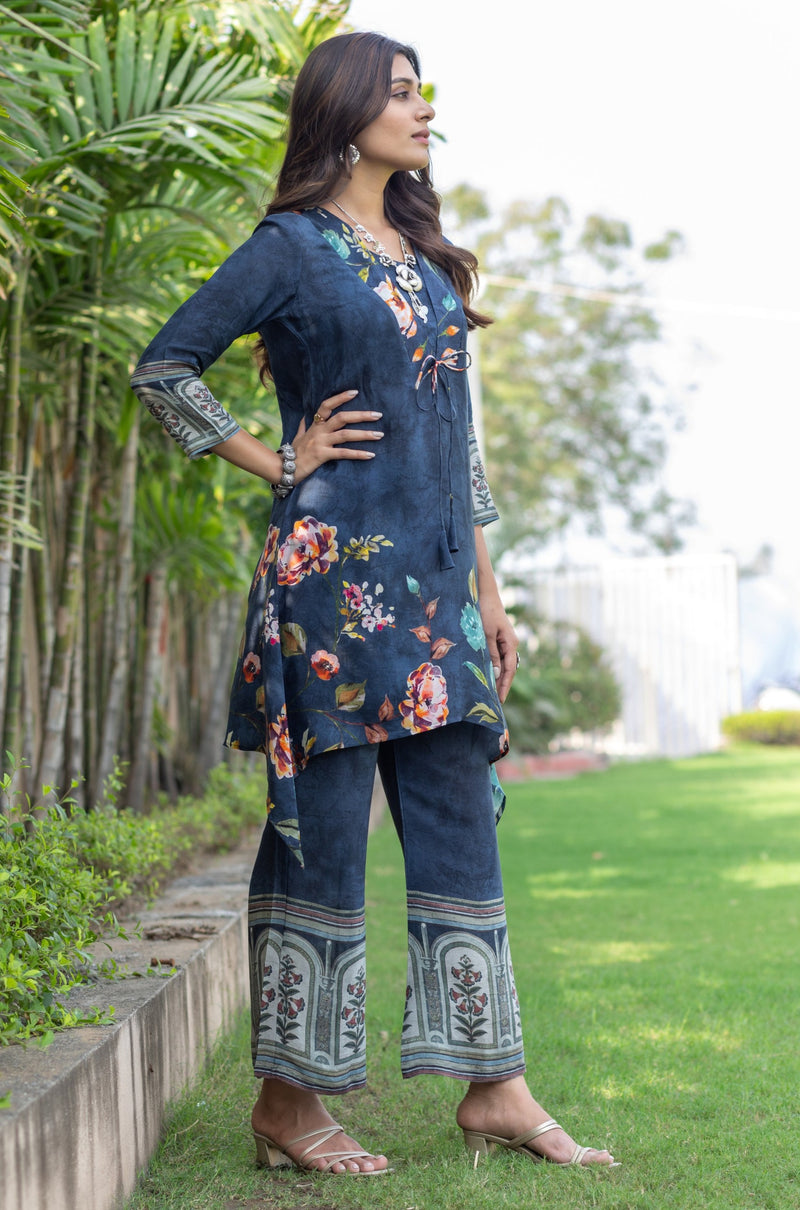 Royal Blue Floral Knot Co-ord Set-Western-Ekana Label