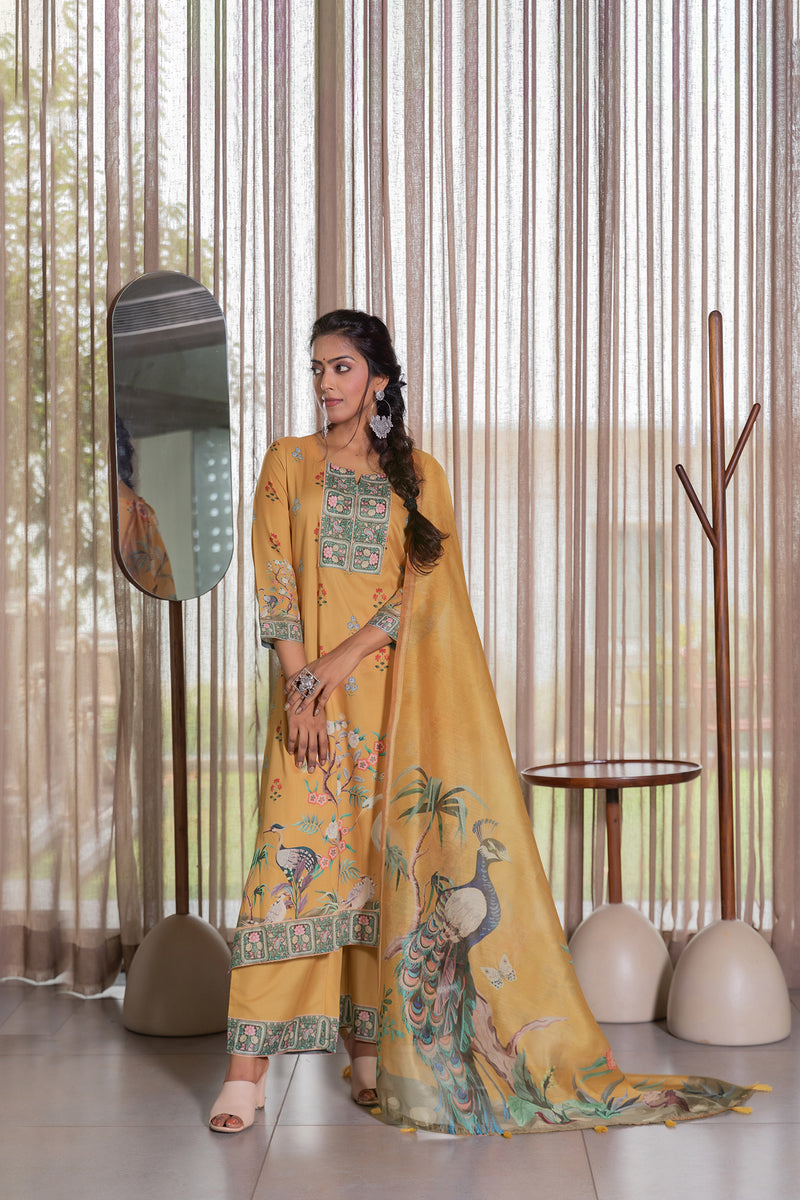 Meena Peacock Yellow Dupatta-Dupatta-Ekana Label