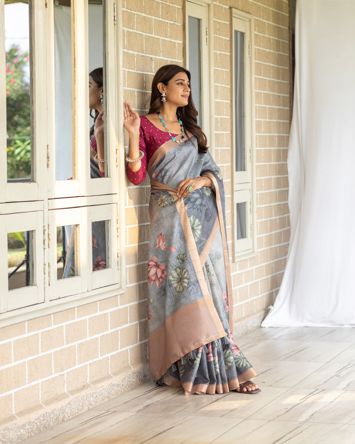 Grey Lotus Bloom Checks Saree-Saree-Ekana Label