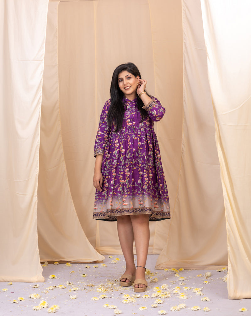 Petals Purple Kalamkari Dress-Western-Ekana Label