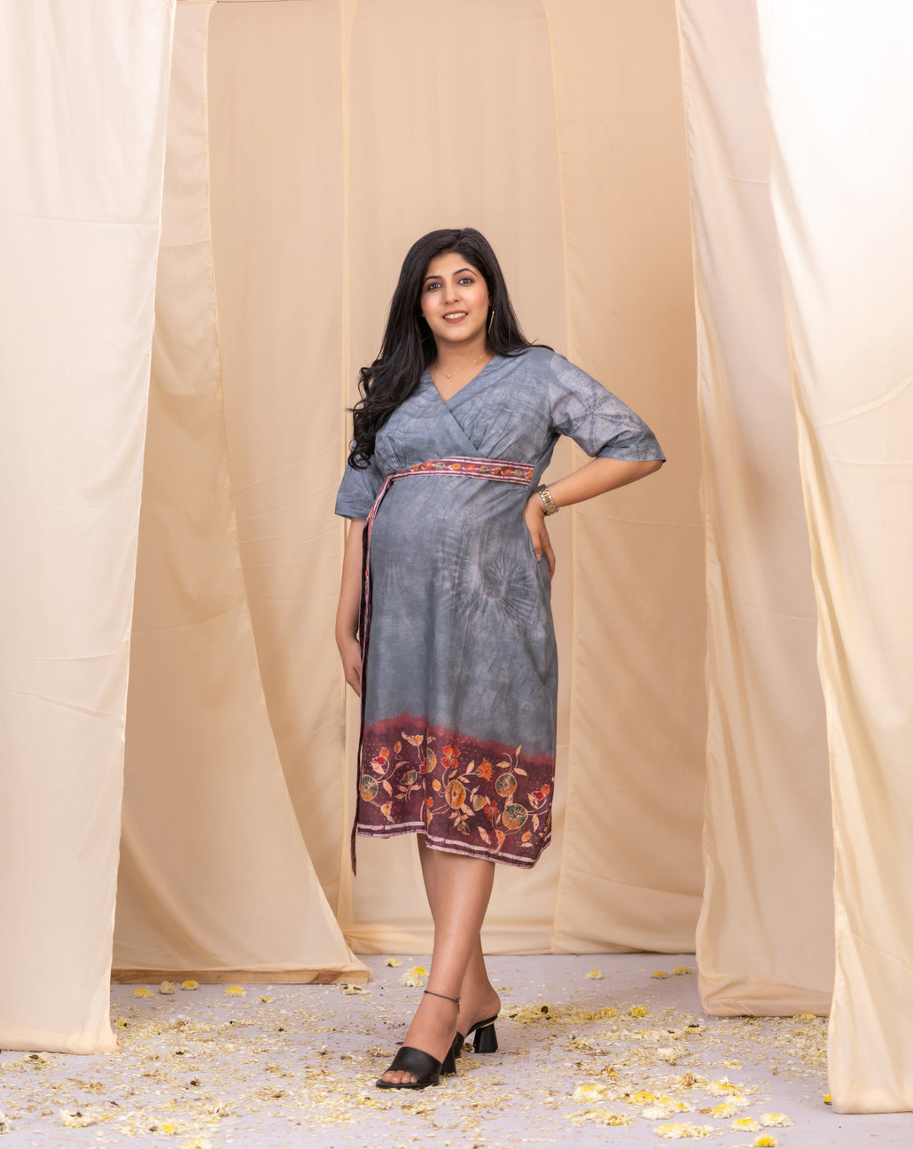 Grey Angrakha Shibori Dress With Belt-Western-Ekana Label