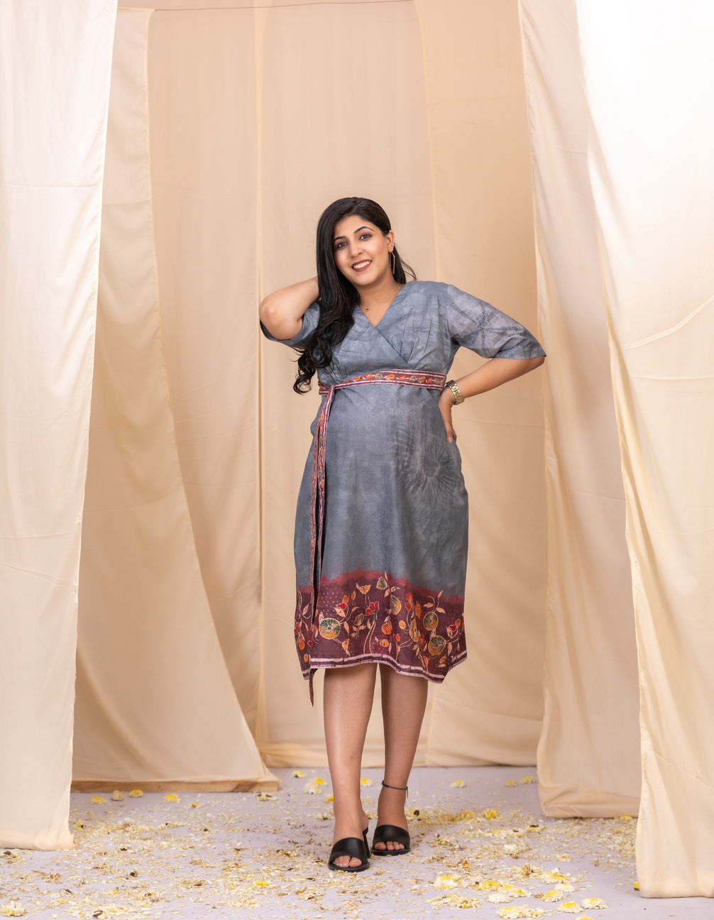 Grey Angrakha Shibori Dress With Belt-Western-Ekana Label