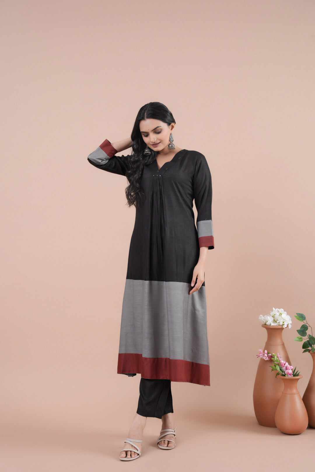 Jacqueline V-Neck Pleated Black Kurta Set-Kurta Set-Ekana Label