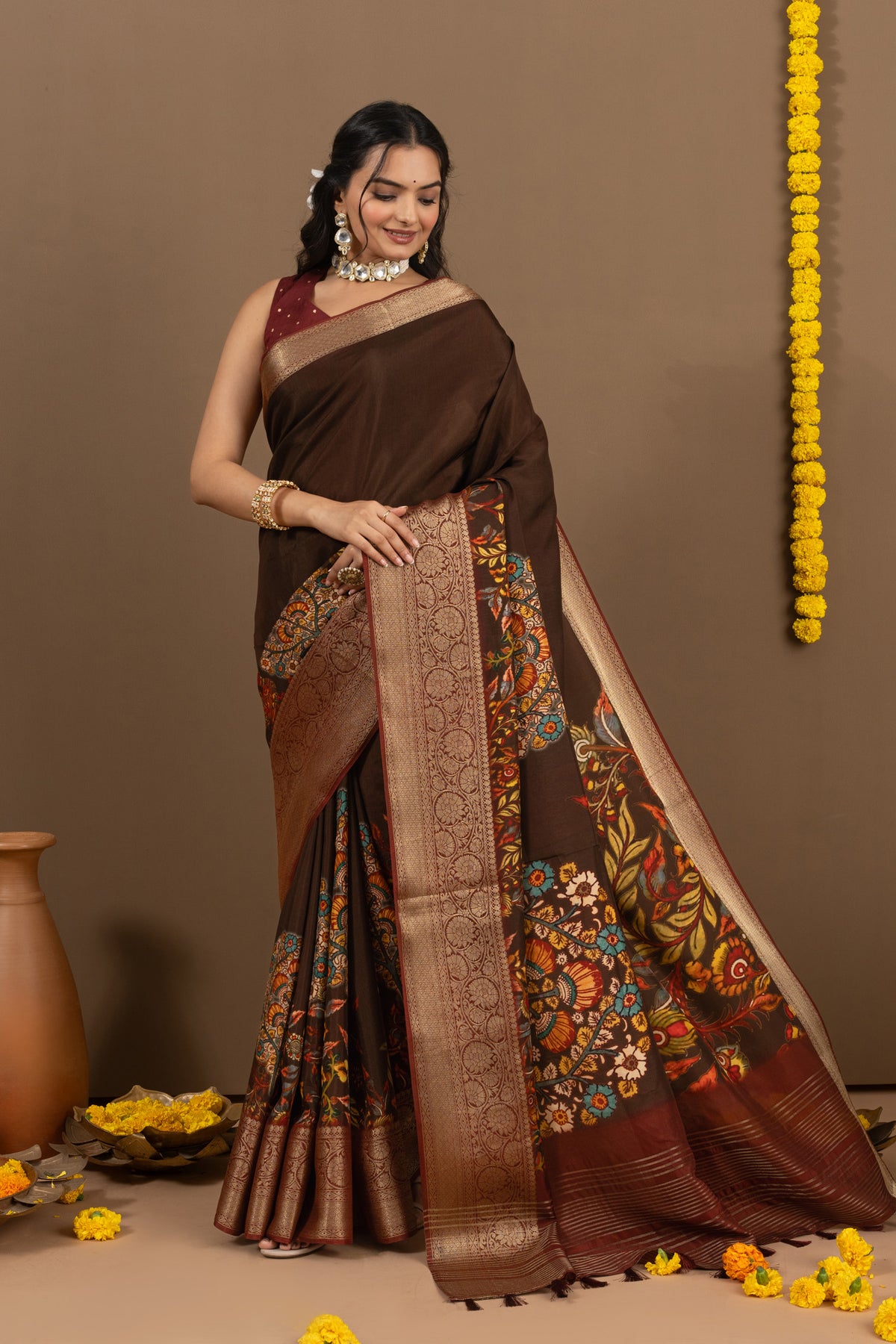 Manasvi Brown Kalamkari Saree