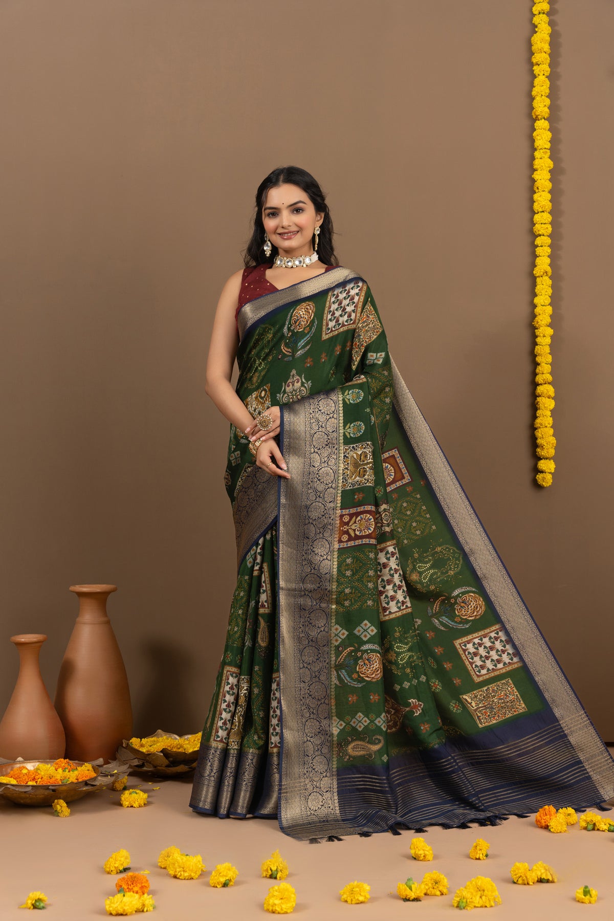 Roshni Block Print Green Saree