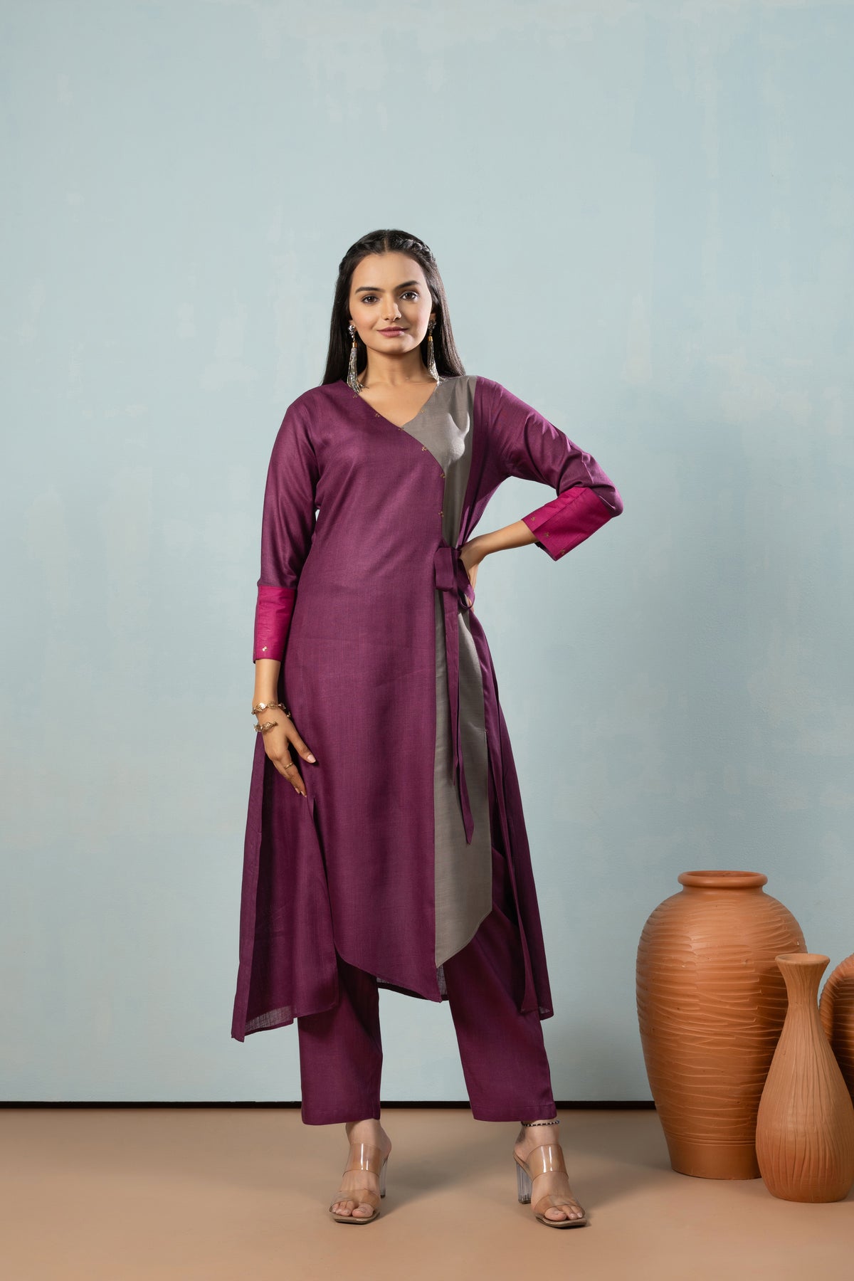 Nora Purple Knotted Kurta Set-Kurta Set-Ekana Label