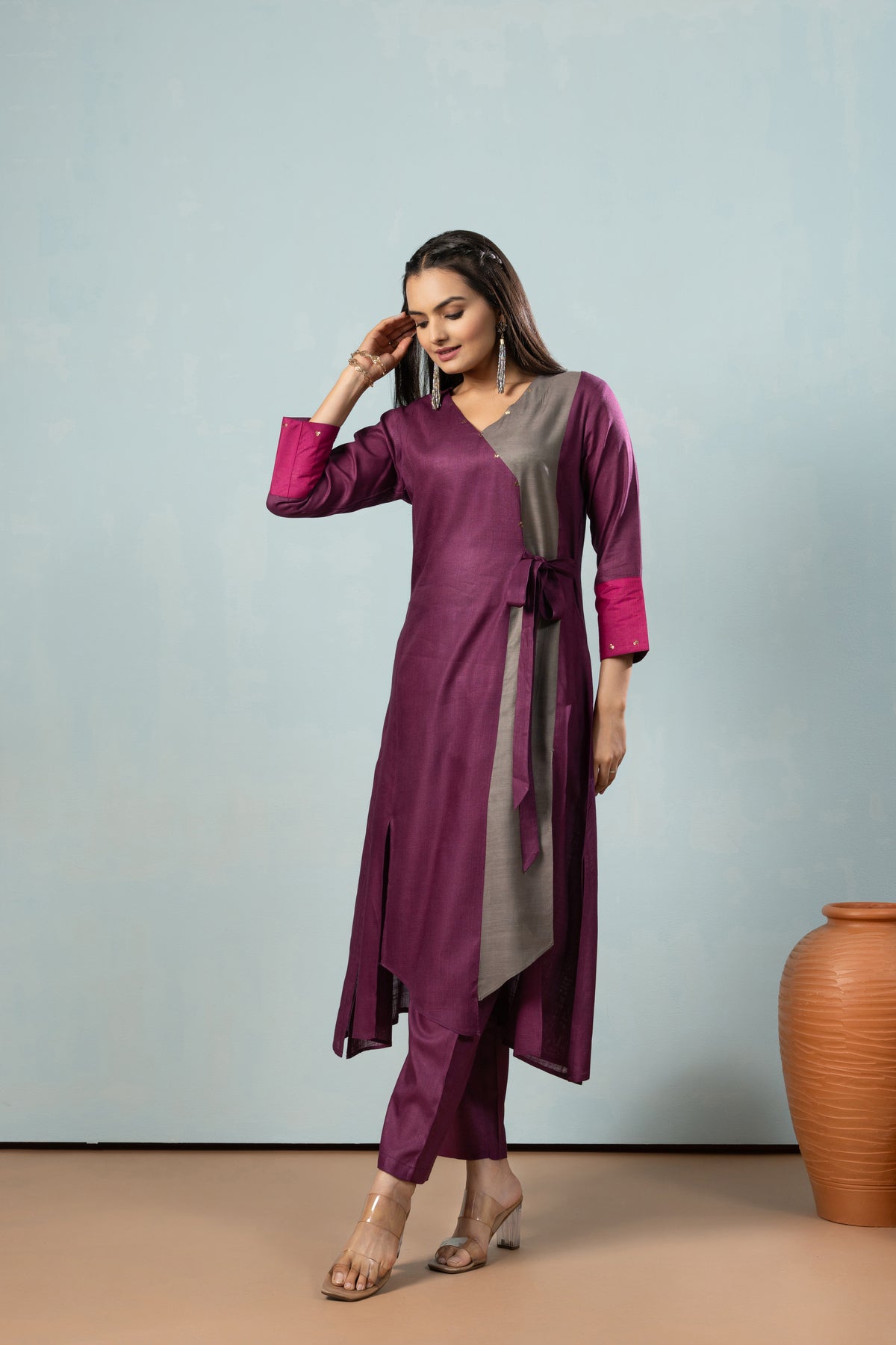 Nora Purple Knotted Kurta Set-Kurta Set-Ekana Label