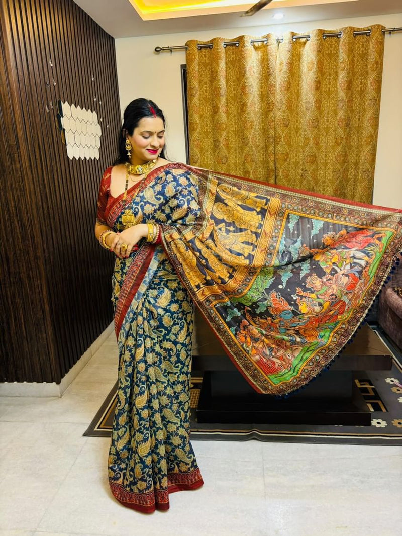 Beautiful Radha Krishna Kalamkari Saree-Saree-Ekana Label