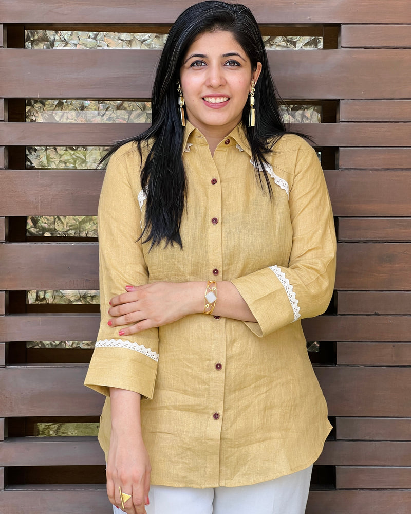 Mustard Lace Linen Shirt-shirts-Ekana Label