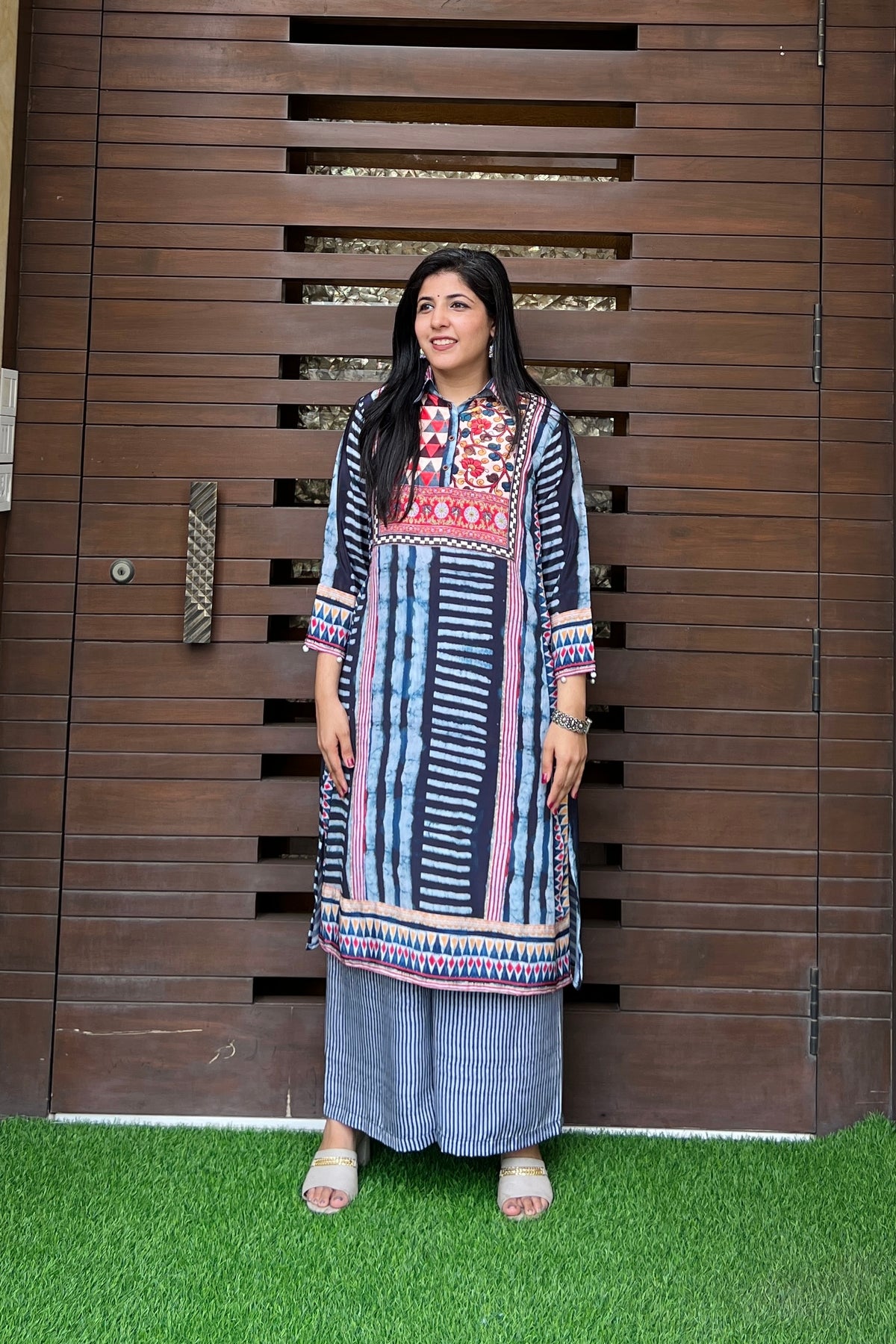 Blue Bliss Collar Neck Kurta Set-Kurta Set-Ekana Label