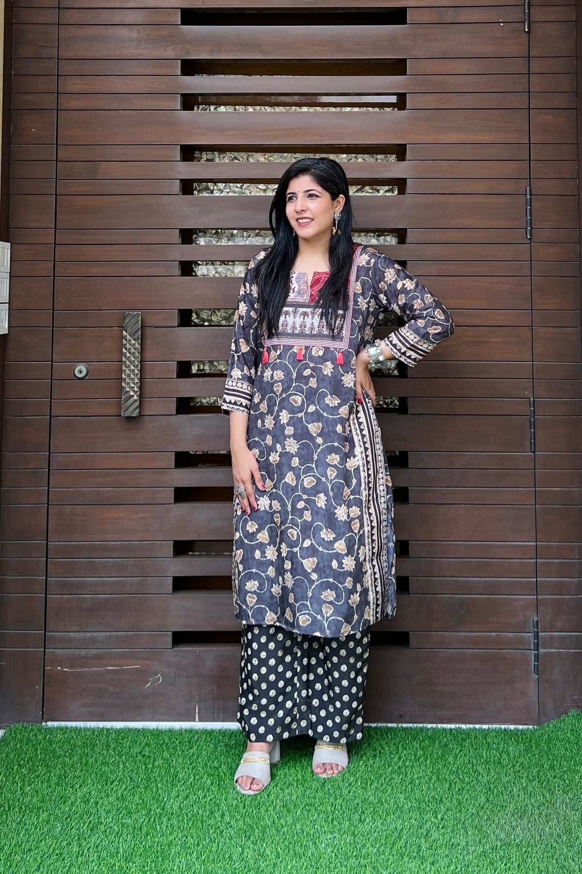 Charcoal Charm Kalamkari Kurta Set-Kurta Set-Ekana Label