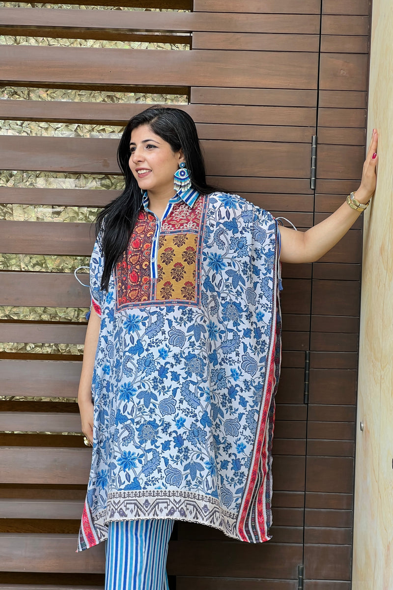 Aqua Collar Kaftan Set-Kurta Set-Ekana Label