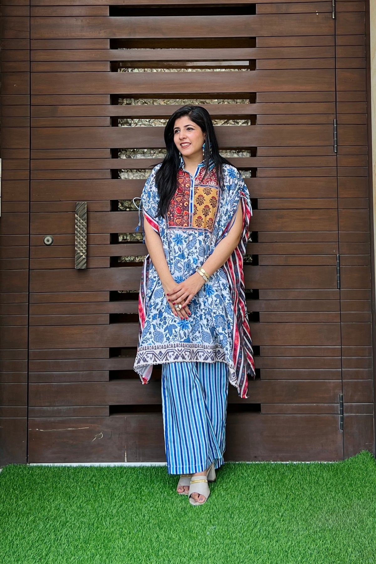 Aqua Collar Kaftan Set-Kurta Set-Ekana Label