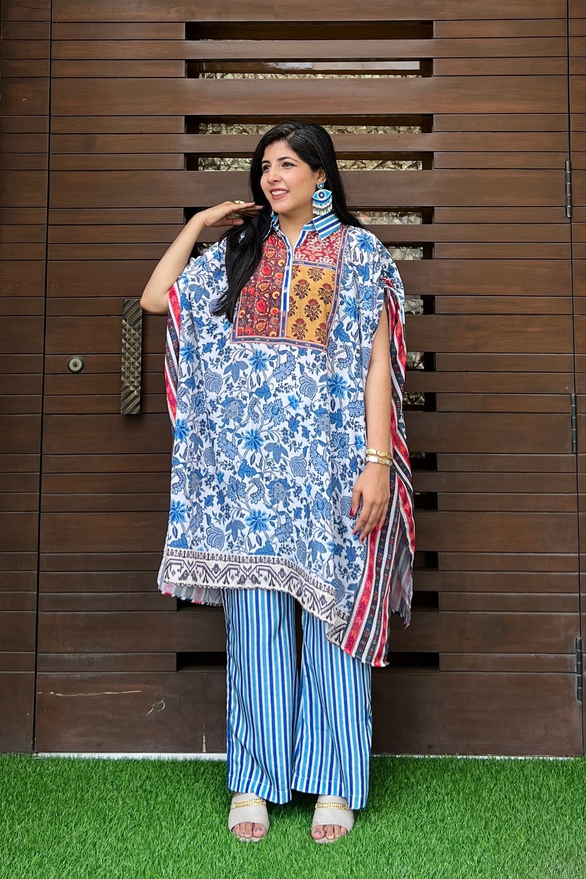 Aqua Collar Kaftan Set-Kurta Set-Ekana Label