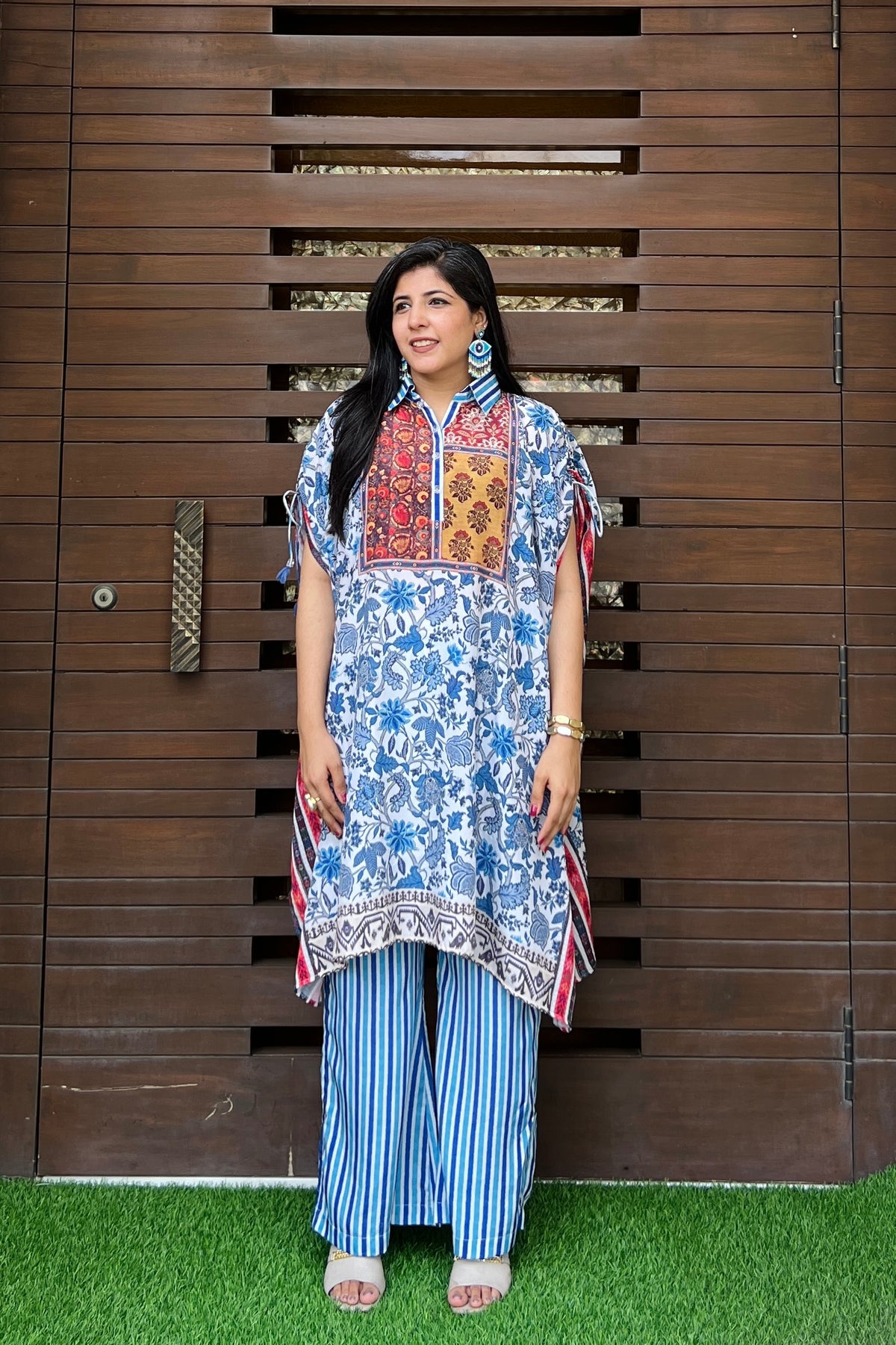 Aqua Collar Kaftan Set-Kurta Set-Ekana Label