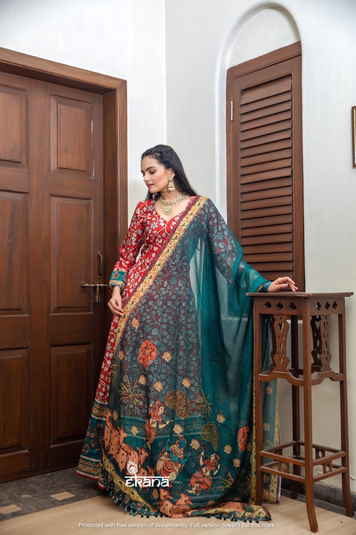 Teal Pichwai Dupatta-Dupatta-Ekana Label