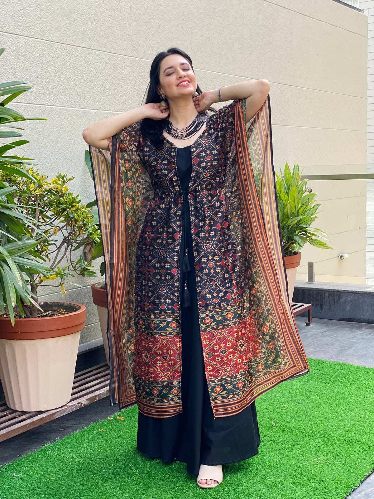 Black Patola Cape Gown-Cape Gown-Ekana Label