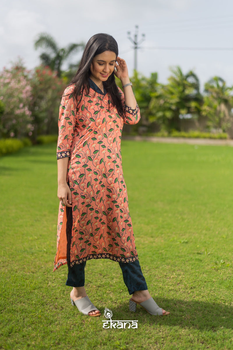 Coral Floral Kurta Set-Suit Set-Ekana Label