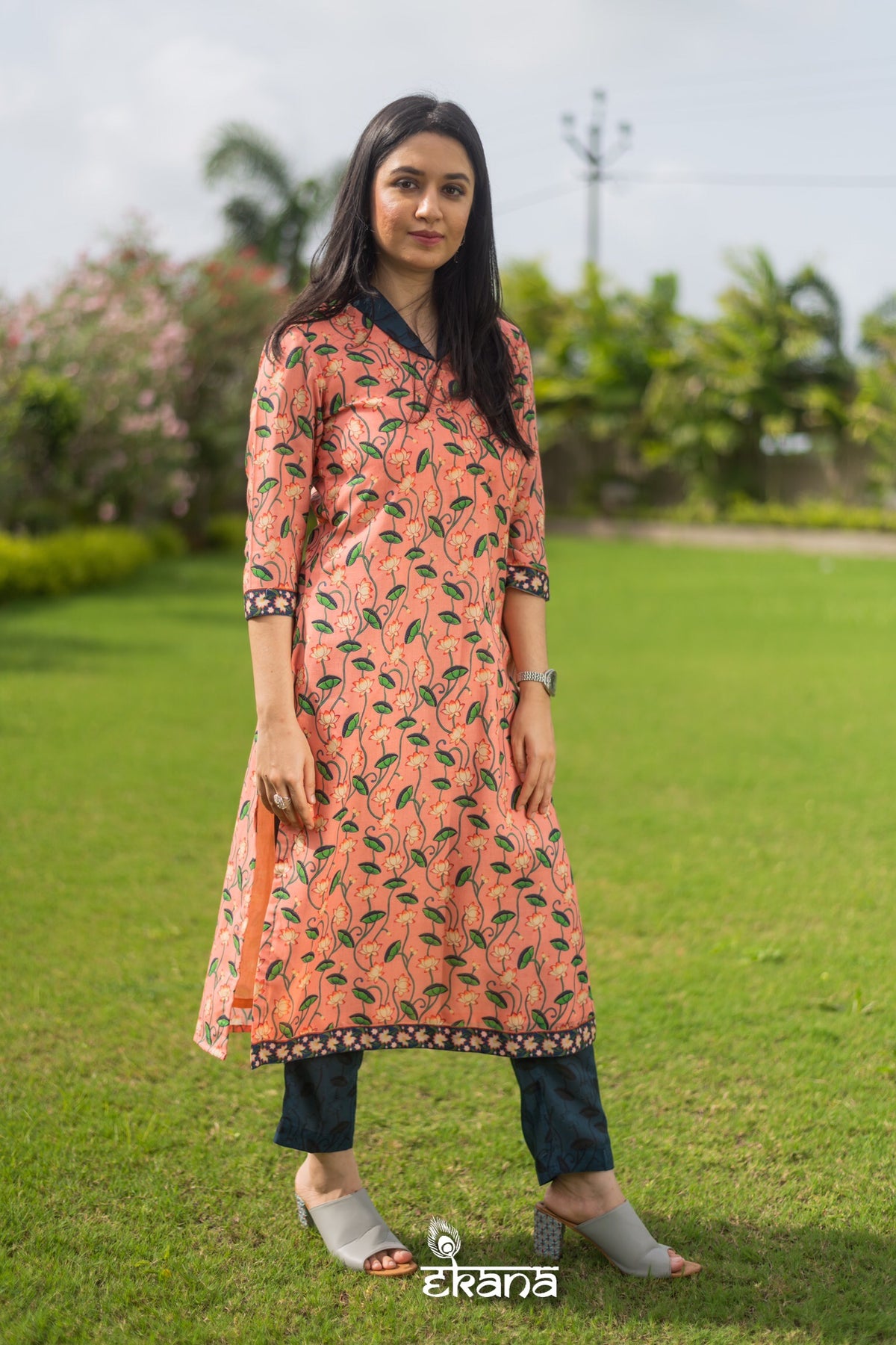 Coral Floral Kurta Set-Suit Set-Ekana Label