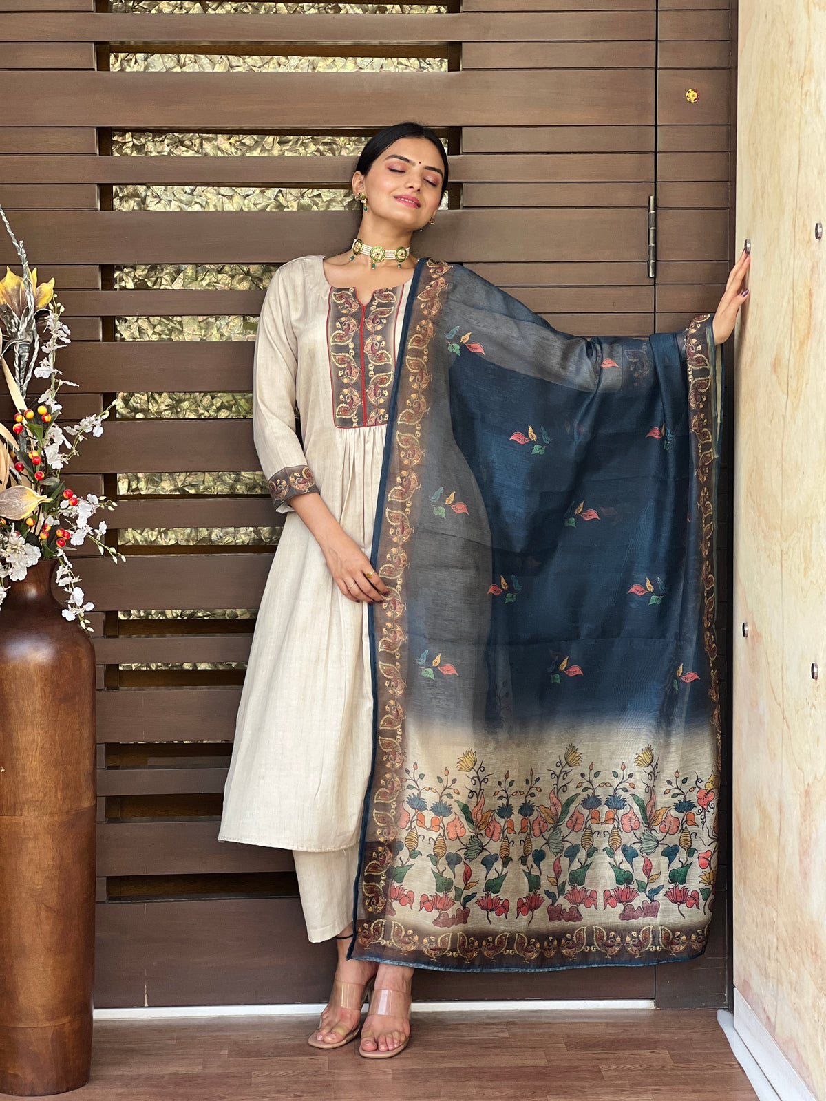 Pearl Blue Kalamkari Dupatta-Clothing-Ekana Label