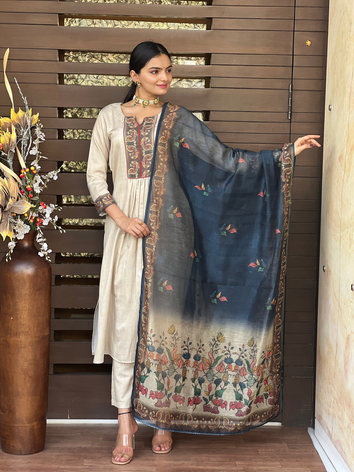 Pearl Blue Kalamkari Dupatta-Clothing-Ekana Label