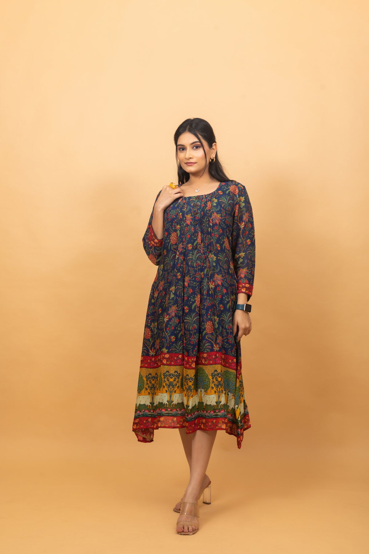 Poppy Blue Kalamkari Dress-Dresses-Ekana Label