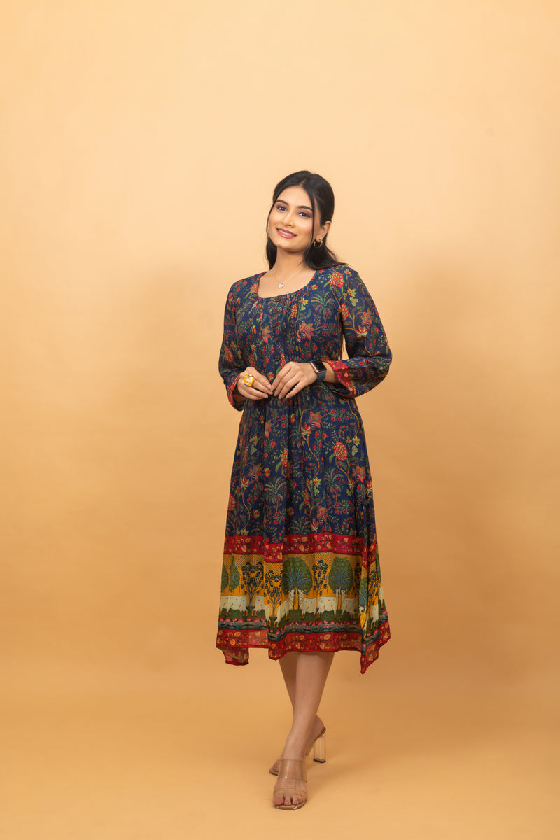 Poppy Blue Kalamkari Dress-Dresses-Ekana Label