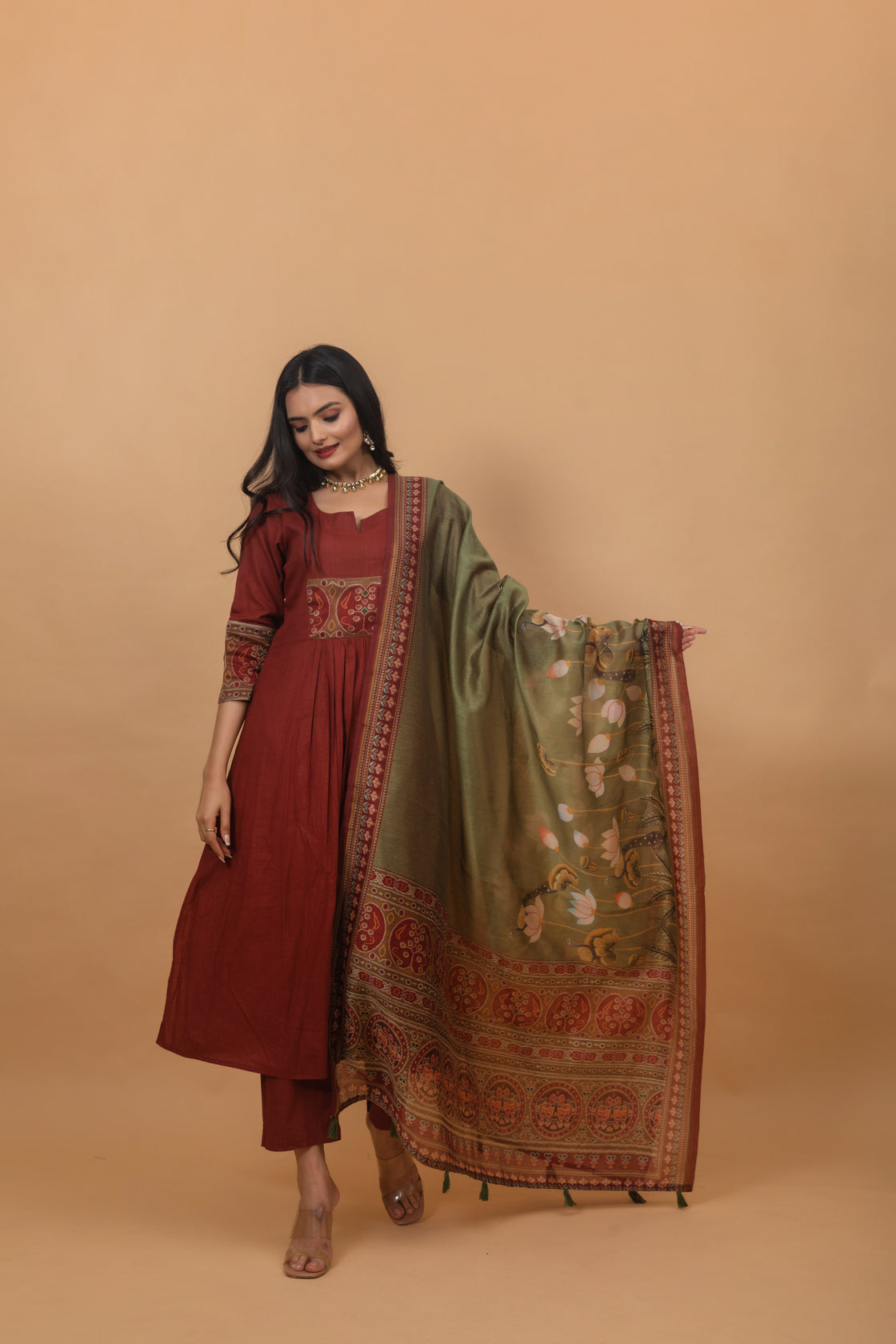 Dhrupal Maroon Pichwai Suit Set-Suit Set-Ekana Label