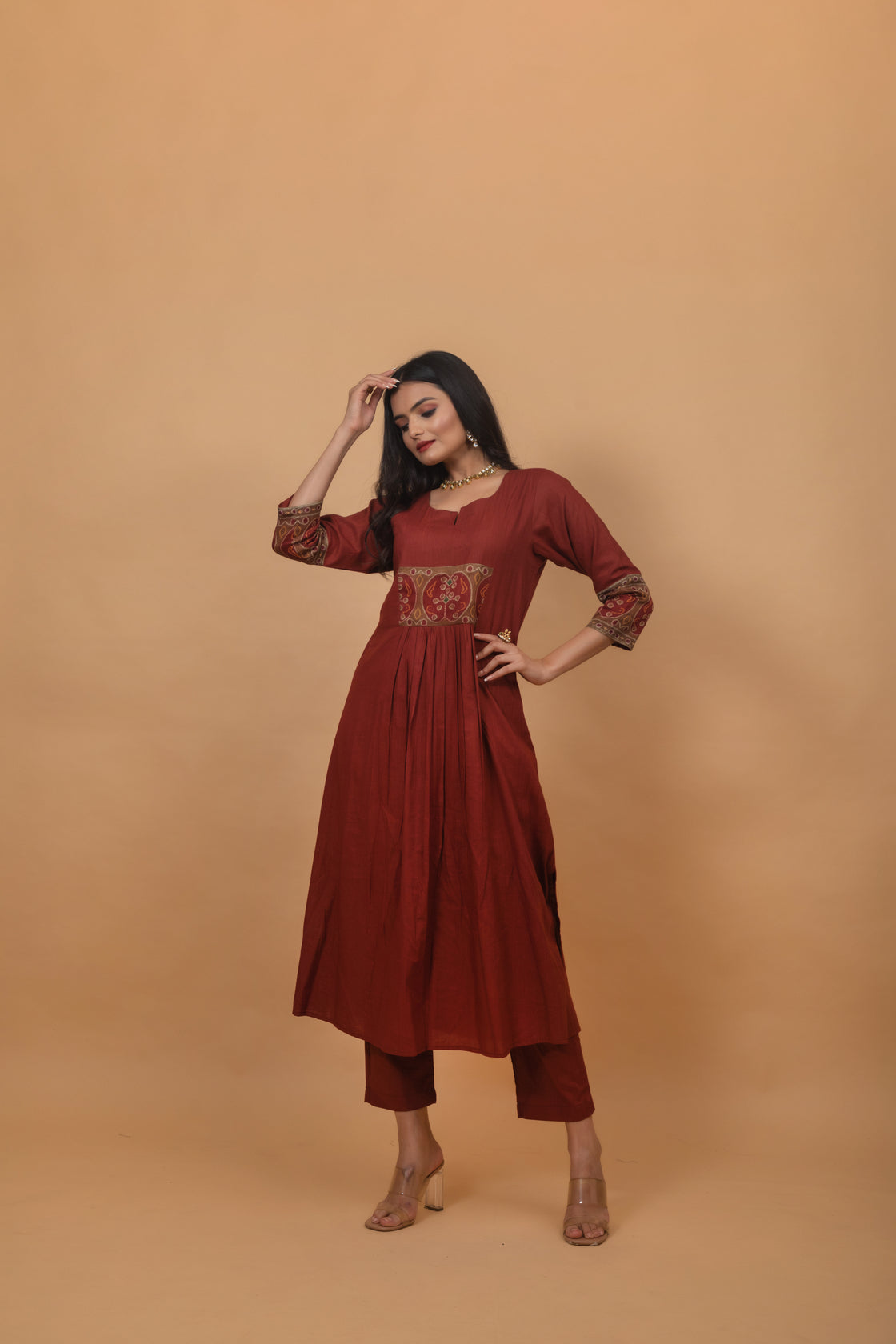 Kumud Maroon Pichwai Suit Set-Suit Set-Ekana Label