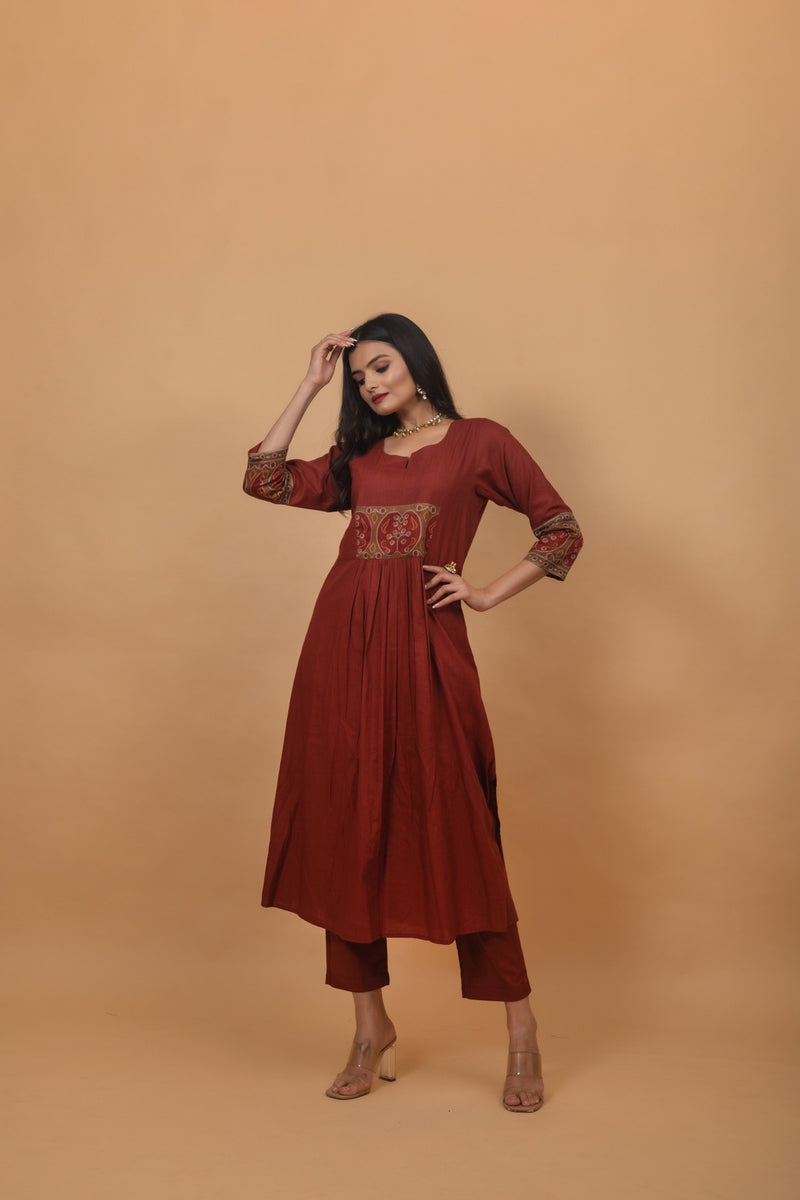 Dhrupal Maroon Pichwai Suit Set-Suit Set-Ekana Label