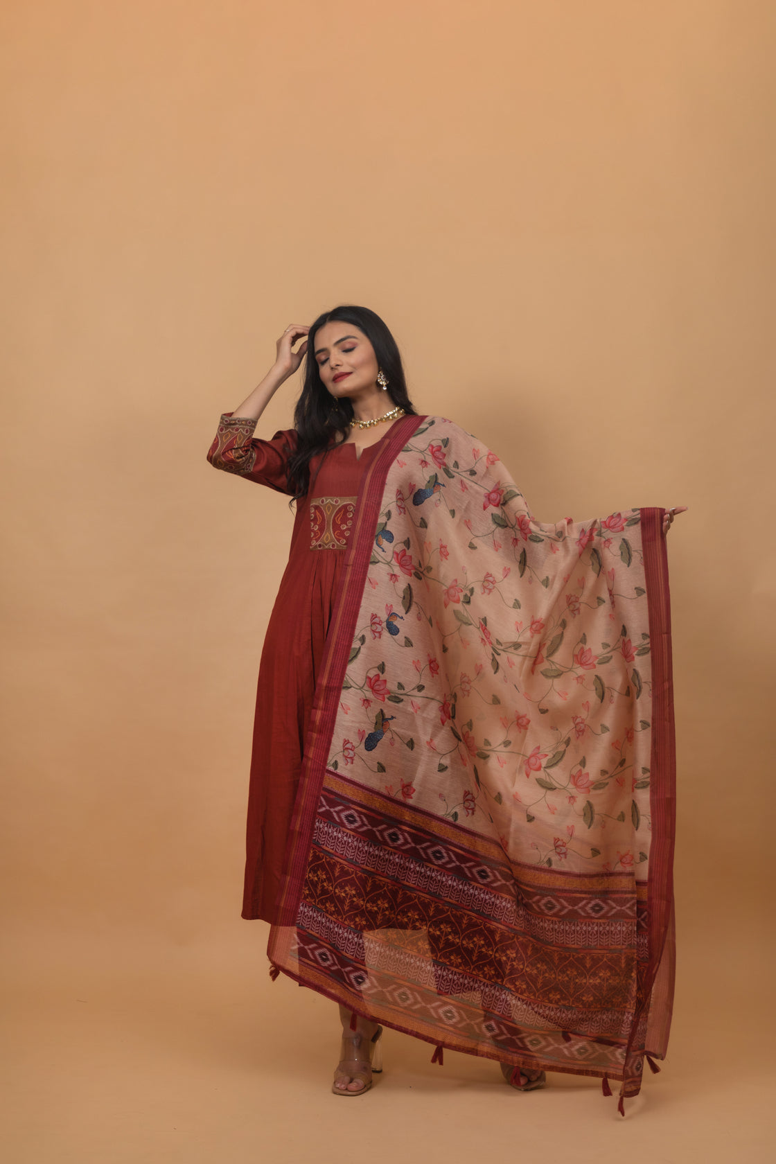 Kumud Maroon Pichwai Suit Set-Suit Set-Ekana Label