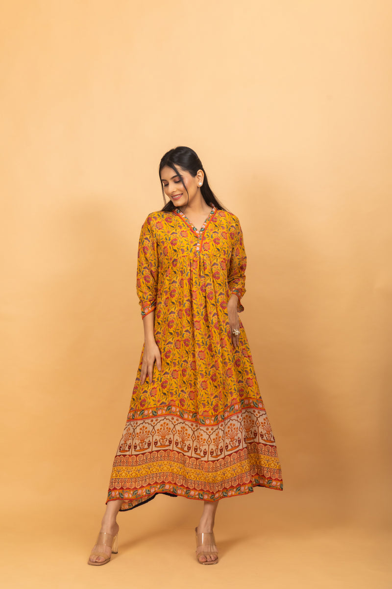 Dahlia Yellow Kalamkari Dress-Dresses-Ekana Label