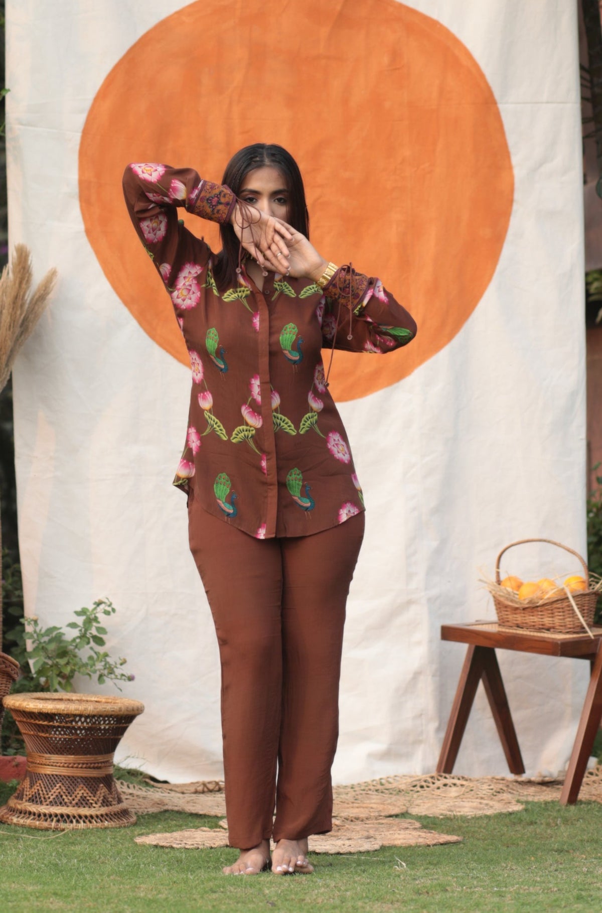 Chocolate Brown Peacock Shirt Co-ord Set-Western-Ekana Label