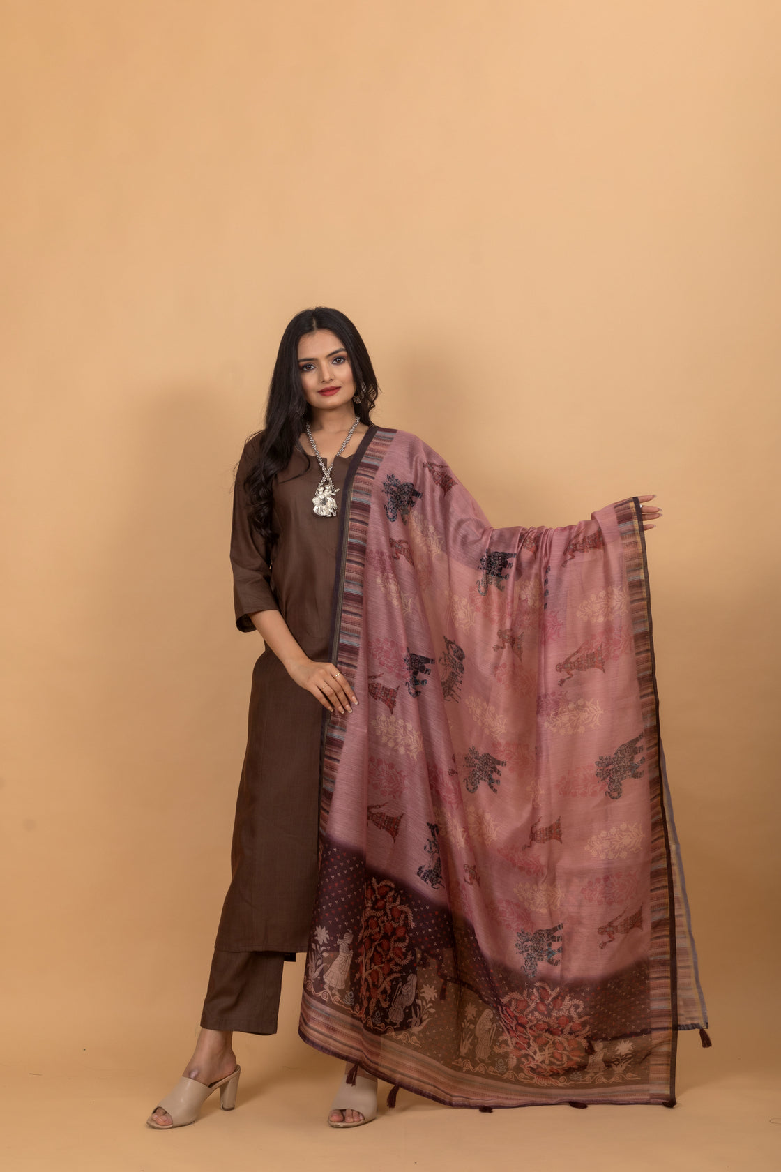 Vaaran Brown Pichwai Suit Set-Suit Set-Ekana Label